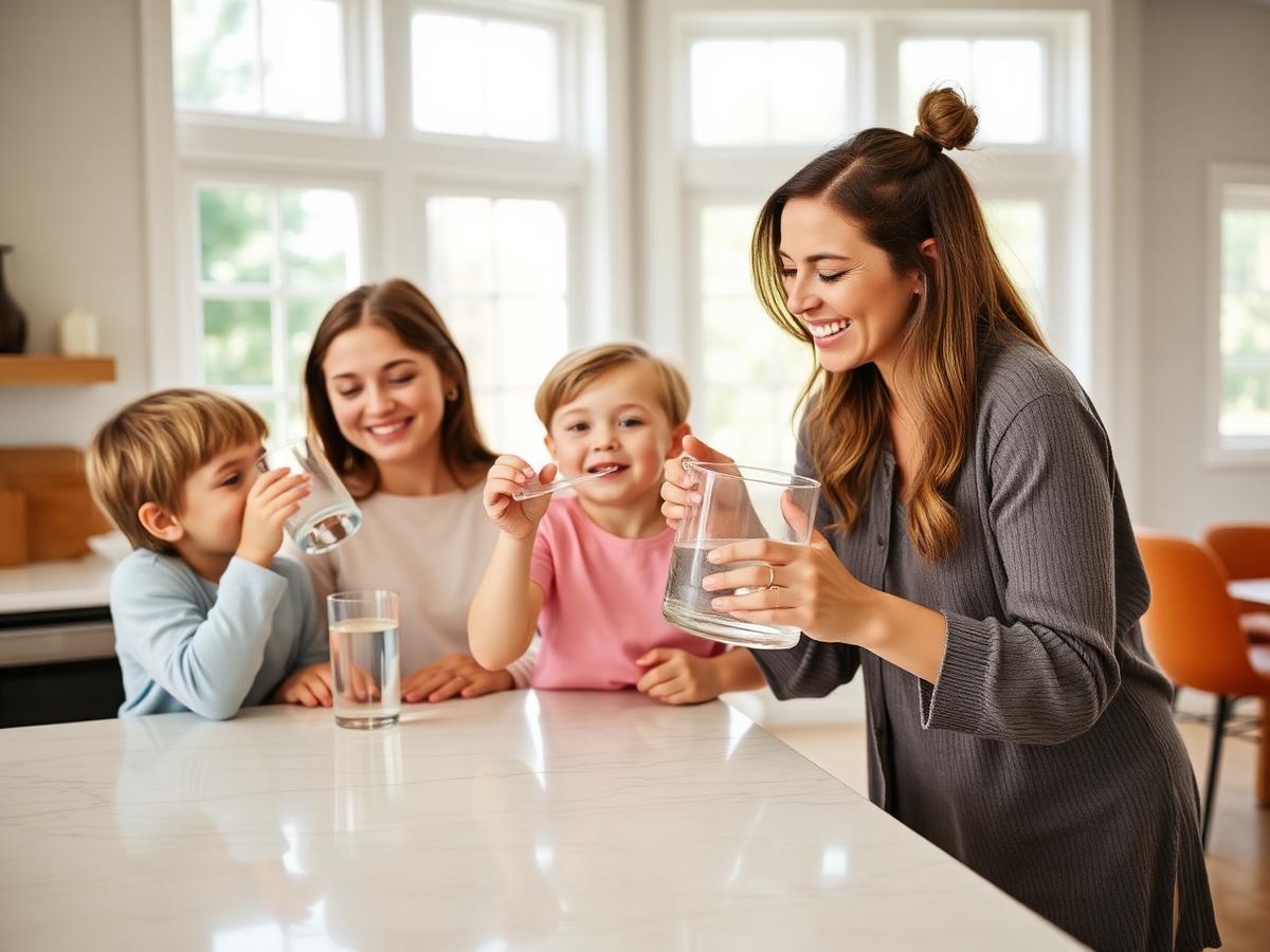Family enjoying filtered water in a bright kitchen